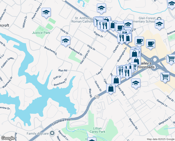 map of restaurants, bars, coffee shops, grocery stores, and more near 3433 Pinetree Terrace in Falls Church