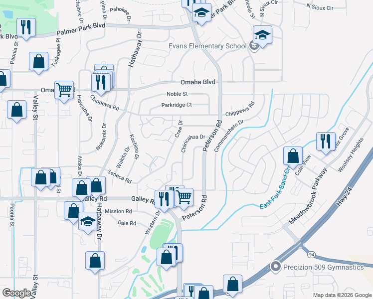 map of restaurants, bars, coffee shops, grocery stores, and more near 1263 Cree Drive in Colorado Springs