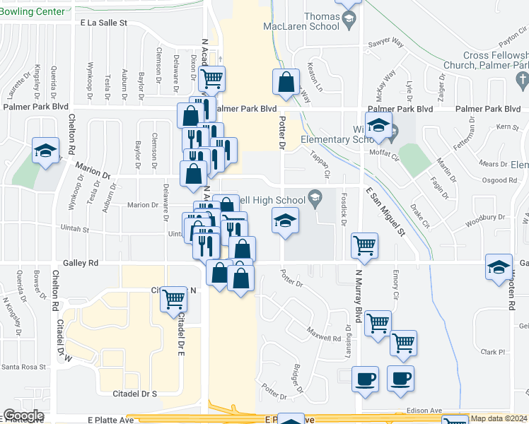 map of restaurants, bars, coffee shops, grocery stores, and more near 1248 Potter Drive in Colorado Springs