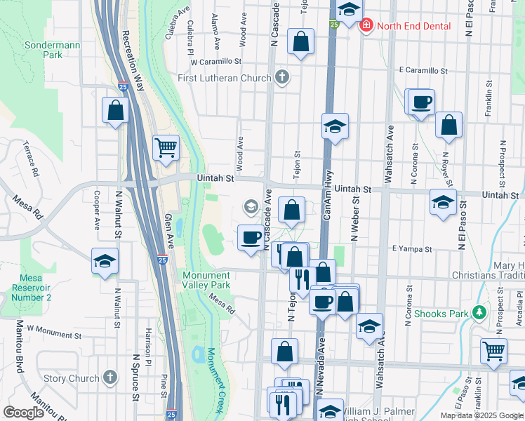 map of restaurants, bars, coffee shops, grocery stores, and more near 1106 N Cascade Ave in Colorado Springs