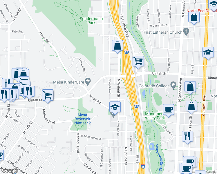 map of restaurants, bars, coffee shops, grocery stores, and more near 1116 Cooper Avenue in Colorado Springs