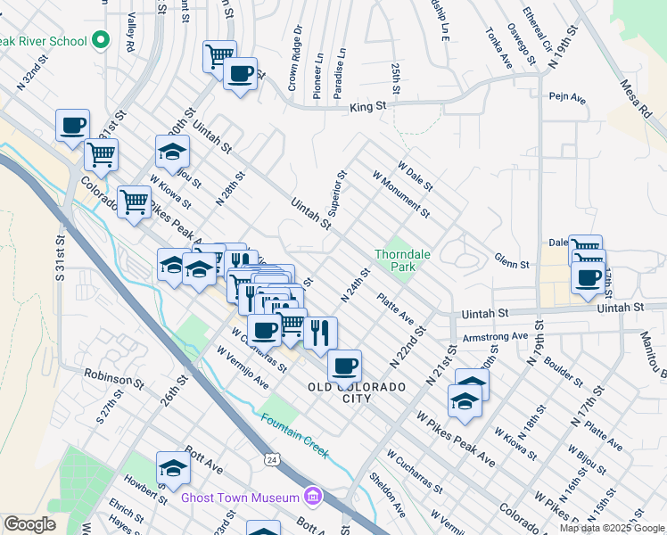 map of restaurants, bars, coffee shops, grocery stores, and more near 2419 West Uintah Street in Colorado Springs