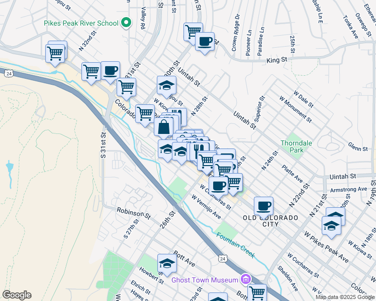 map of restaurants, bars, coffee shops, grocery stores, and more near 2706 West Pikes Peak Avenue in Colorado Springs