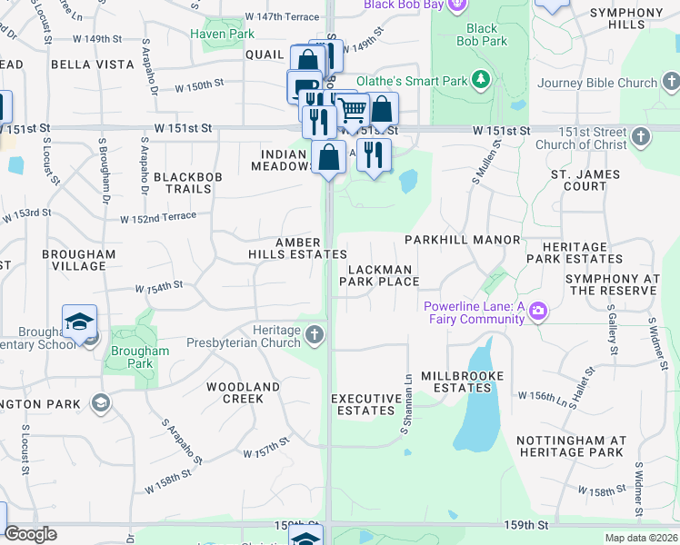 map of restaurants, bars, coffee shops, grocery stores, and more near 15362 South Constance Street in Olathe