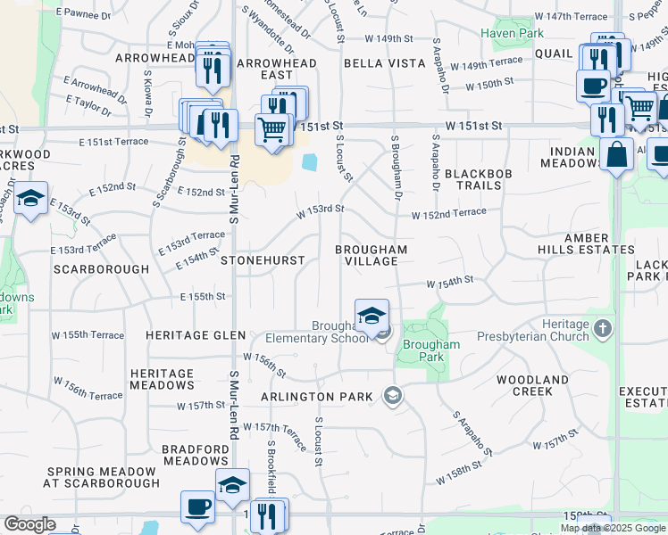 map of restaurants, bars, coffee shops, grocery stores, and more near 15334 South Summertree Lane in Olathe