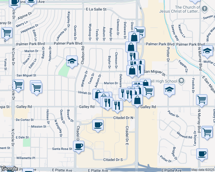 map of restaurants, bars, coffee shops, grocery stores, and more near 1226 Baylor Drive in Colorado Springs