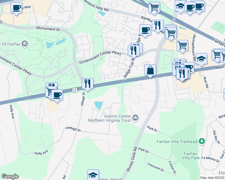 map of restaurants, bars, coffee shops, grocery stores, and more near 4310 Forest Hill Drive in Fairfax