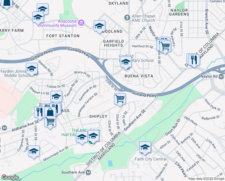 map of restaurants, bars, coffee shops, grocery stores, and more near 2245 Savannah Terrace Southeast in Washington