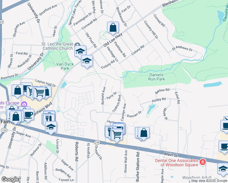 map of restaurants, bars, coffee shops, grocery stores, and more near 10004 Terry Street in Fairfax