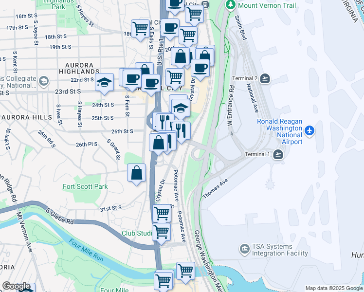 map of restaurants, bars, coffee shops, grocery stores, and more near 2733 Crystal Drive in Arlington