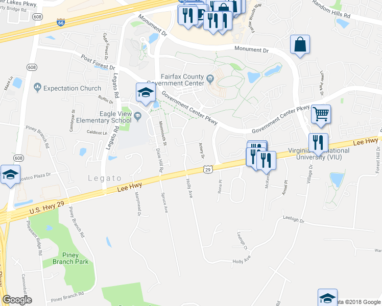 map of restaurants, bars, coffee shops, grocery stores, and more near 11976 Artery Drive in Fairfax