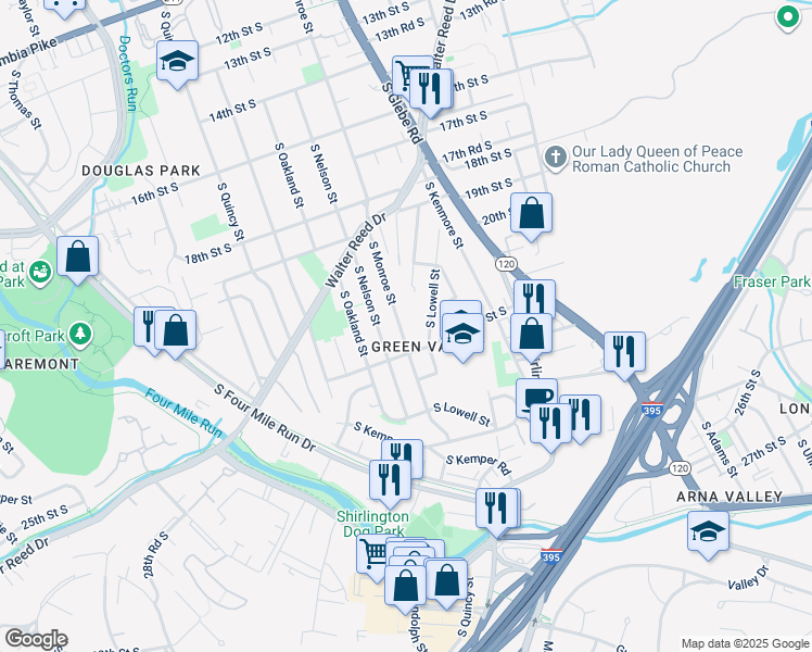 map of restaurants, bars, coffee shops, grocery stores, and more near 2131 South Monroe Street in Arlington