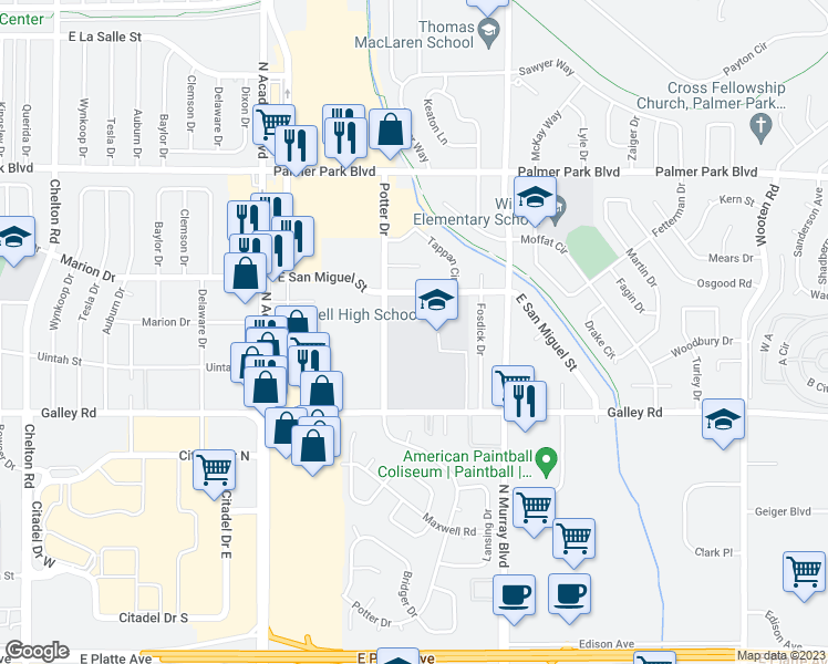 map of restaurants, bars, coffee shops, grocery stores, and more near 1205 Potter Drive in Colorado Springs