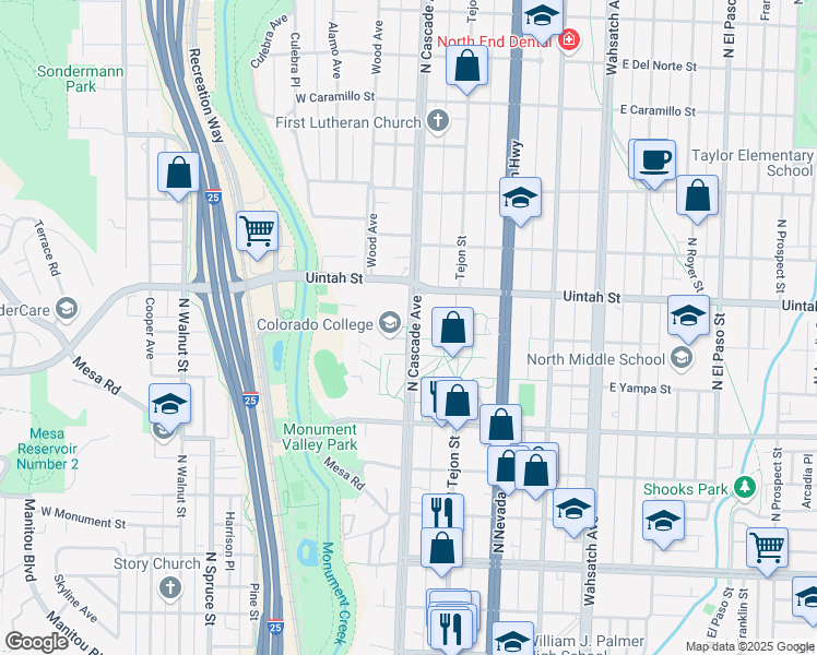 map of restaurants, bars, coffee shops, grocery stores, and more near 1196 North Cascade Avenue in Colorado Springs
