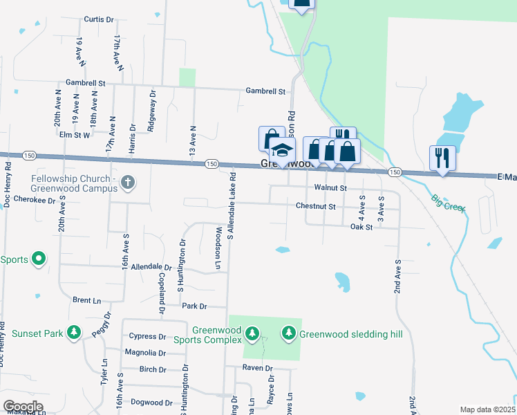 map of restaurants, bars, coffee shops, grocery stores, and more near 904 Chestnut Street in Greenwood
