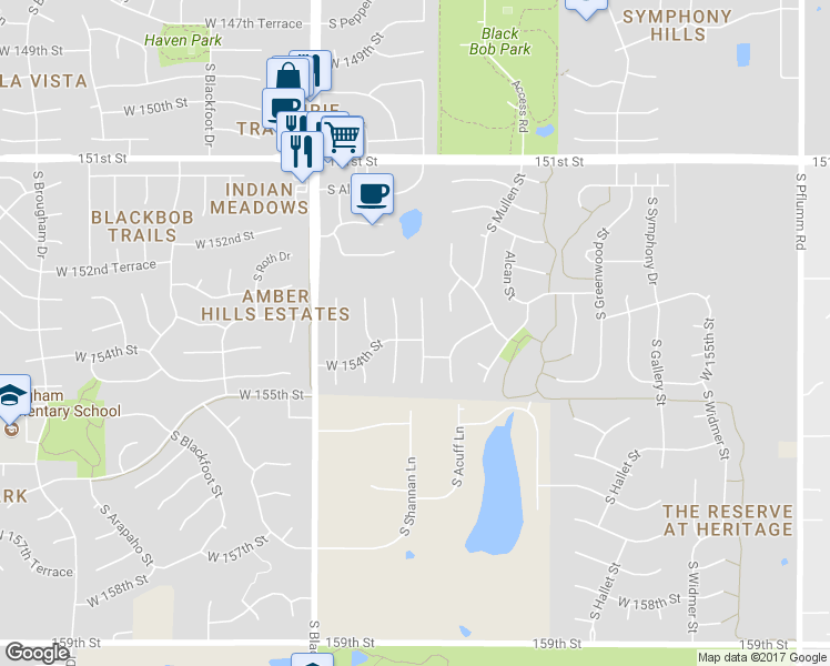 map of restaurants, bars, coffee shops, grocery stores, and more near 15390 South Shannan Lane in Olathe