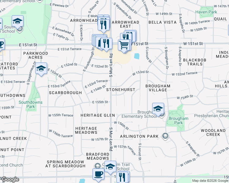map of restaurants, bars, coffee shops, grocery stores, and more near 15304 South Bradley Drive in Olathe