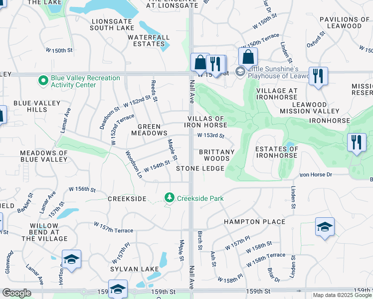 map of restaurants, bars, coffee shops, grocery stores, and more near 5506 West 153rd Terrace in Overland Park