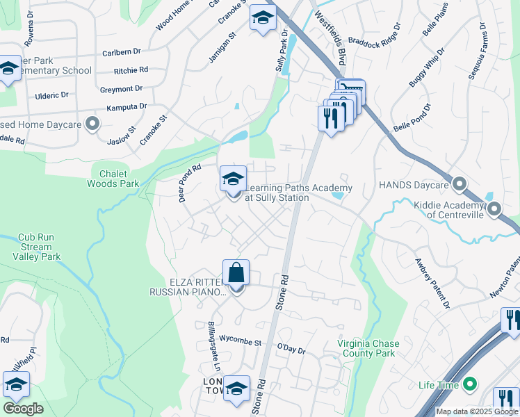 map of restaurants, bars, coffee shops, grocery stores, and more near 14611 Flower Hill Court in Centreville