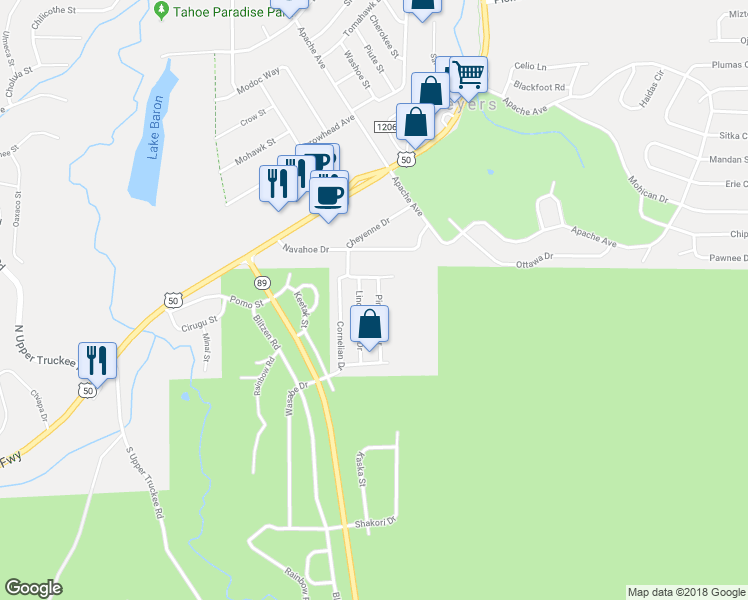 map of restaurants, bars, coffee shops, grocery stores, and more near 2164 Pinewood Drive in South Lake Tahoe