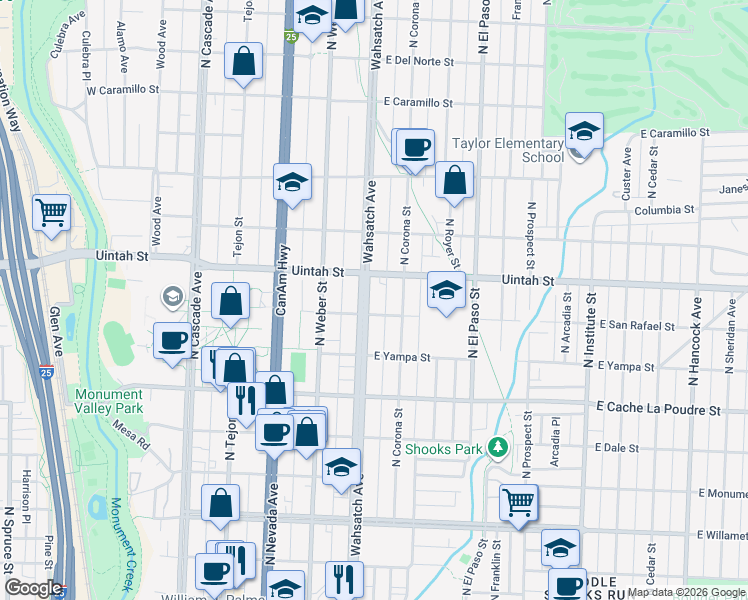 map of restaurants, bars, coffee shops, grocery stores, and more near 1121 North Wahsatch Avenue in Colorado Springs