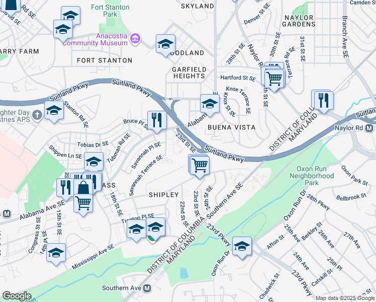 map of restaurants, bars, coffee shops, grocery stores, and more near 2245 Savannah Terrace Southeast in Washington