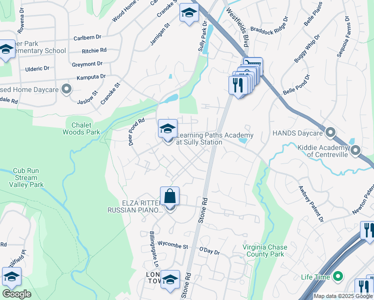 map of restaurants, bars, coffee shops, grocery stores, and more near 14611 Flower Hill Court in Centreville