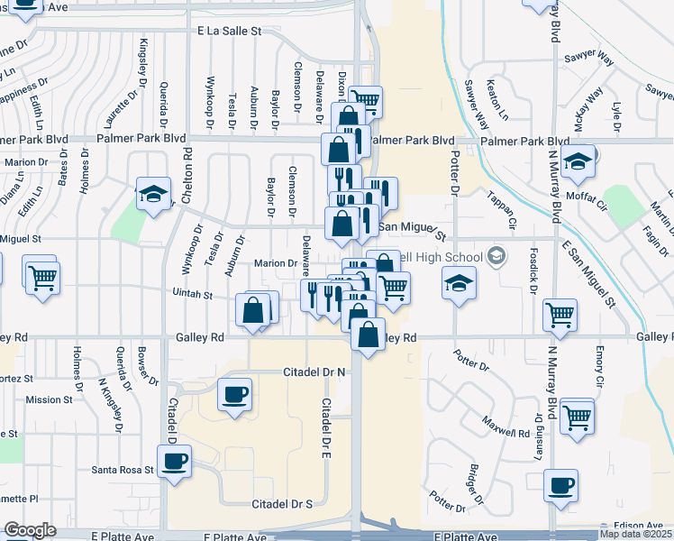 map of restaurants, bars, coffee shops, grocery stores, and more near 3745 Marion Drive in Colorado Springs