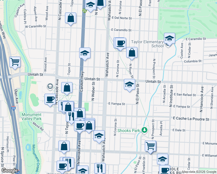 map of restaurants, bars, coffee shops, grocery stores, and more near 1121 North Wahsatch Avenue in Colorado Springs
