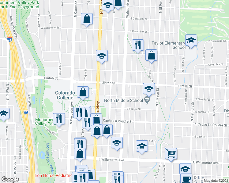 map of restaurants, bars, coffee shops, grocery stores, and more near 1119 North Weber Street in Colorado Springs