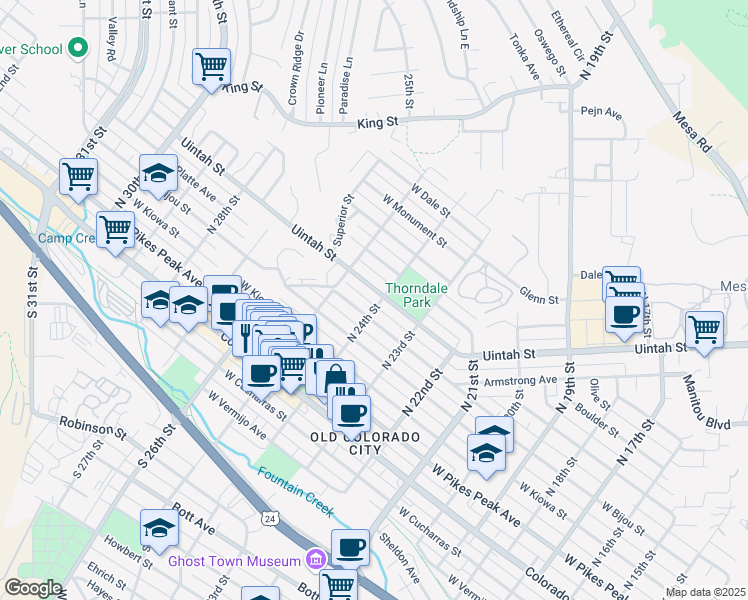 map of restaurants, bars, coffee shops, grocery stores, and more near 2402 West Uintah Street in Colorado Springs