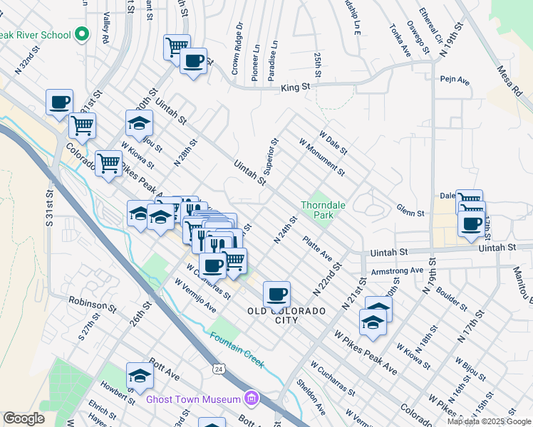 map of restaurants, bars, coffee shops, grocery stores, and more near 2507 Glen View Avenue in Colorado Springs