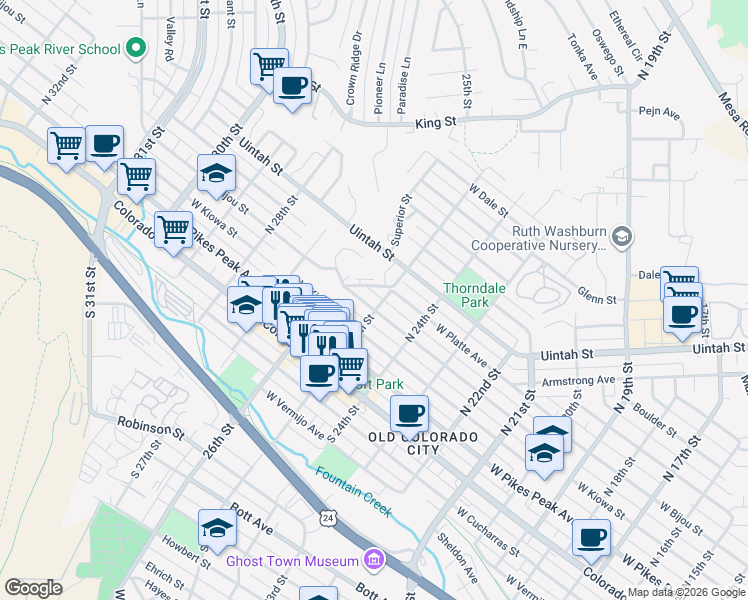 map of restaurants, bars, coffee shops, grocery stores, and more near 2507 Glen View Avenue in Colorado Springs