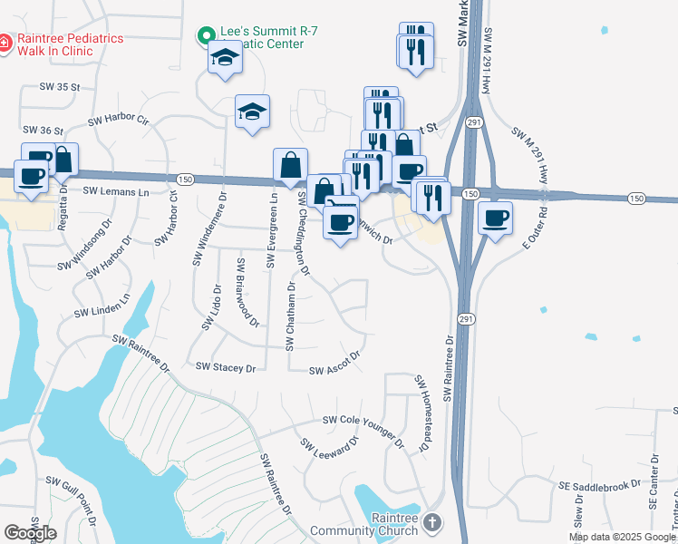 map of restaurants, bars, coffee shops, grocery stores, and more near 233 Southwest Greenwich Drive in Lee's Summit