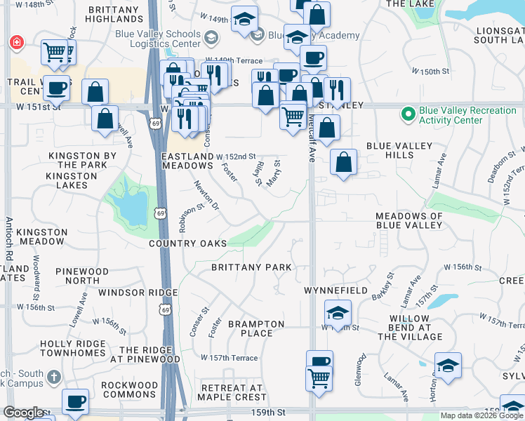 map of restaurants, bars, coffee shops, grocery stores, and more near 15413 Conser Street in Overland Park