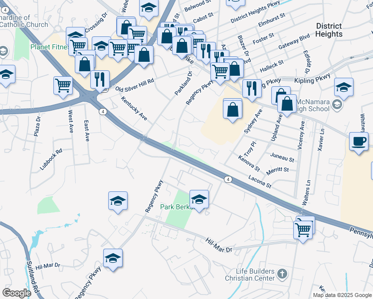 map of restaurants, bars, coffee shops, grocery stores, and more near 6113 Silver Leaf Lane in District Heights