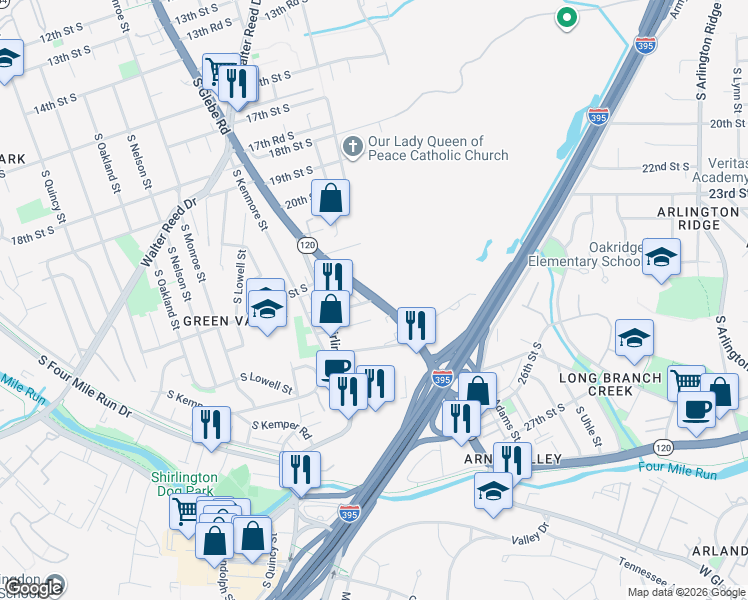map of restaurants, bars, coffee shops, grocery stores, and more near 23rd Street South in Arlington