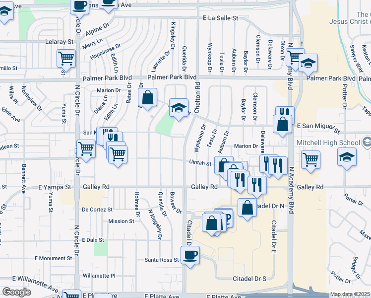 map of restaurants, bars, coffee shops, grocery stores, and more near 1227 North Chelton Road in Colorado Springs
