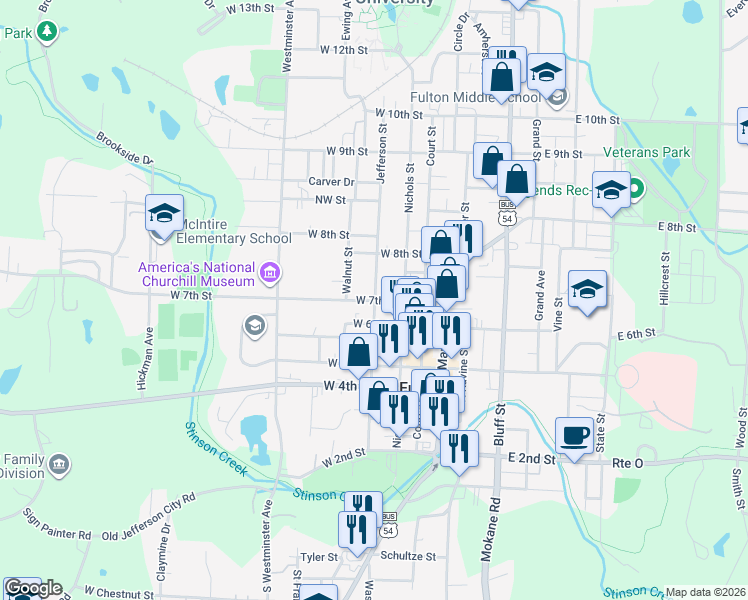 map of restaurants, bars, coffee shops, grocery stores, and more near 201 West 7th Street in Fulton