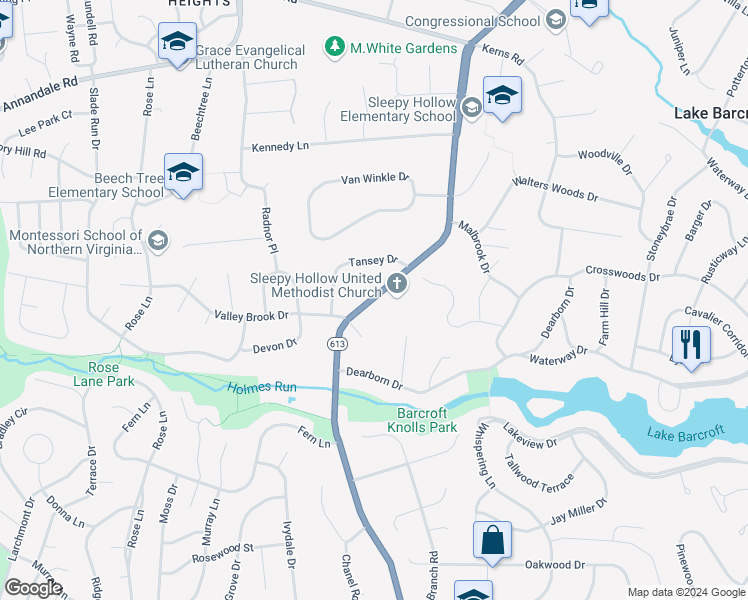 map of restaurants, bars, coffee shops, grocery stores, and more near 3441 Sleepy Hollow Road in Falls Church