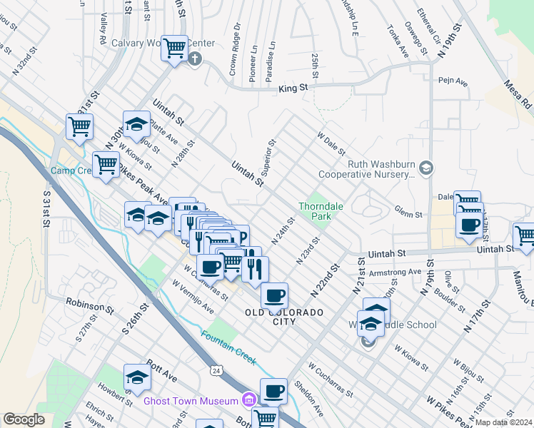 map of restaurants, bars, coffee shops, grocery stores, and more near 2425 West Platte Avenue in Colorado Springs
