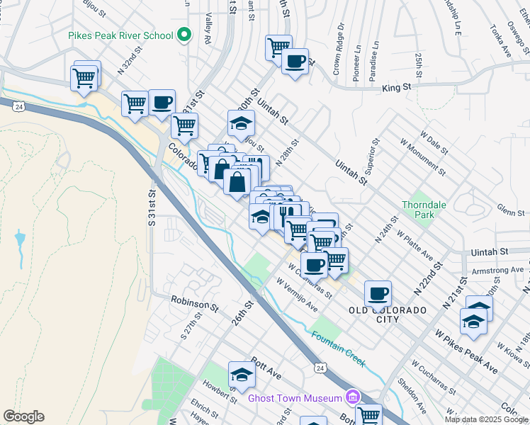 map of restaurants, bars, coffee shops, grocery stores, and more near 2732 West Colorado Avenue in Colorado Springs