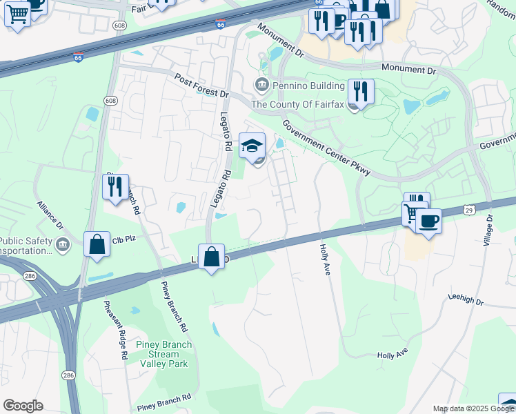 map of restaurants, bars, coffee shops, grocery stores, and more near 4629 Buckhorn Ridge in Fairfax