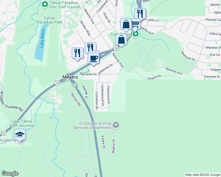 map of restaurants, bars, coffee shops, grocery stores, and more near 1136 Mulberry Drive in South Lake Tahoe