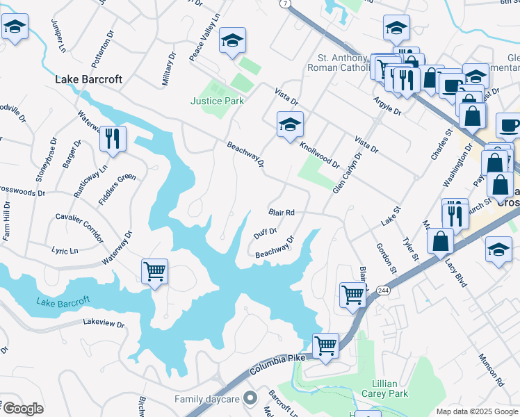 map of restaurants, bars, coffee shops, grocery stores, and more near 3422 Blair Road in Falls Church