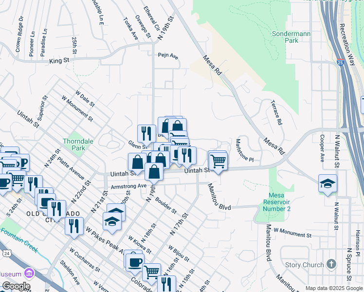 map of restaurants, bars, coffee shops, grocery stores, and more near 1690 Gatehouse Circle North in Colorado Springs