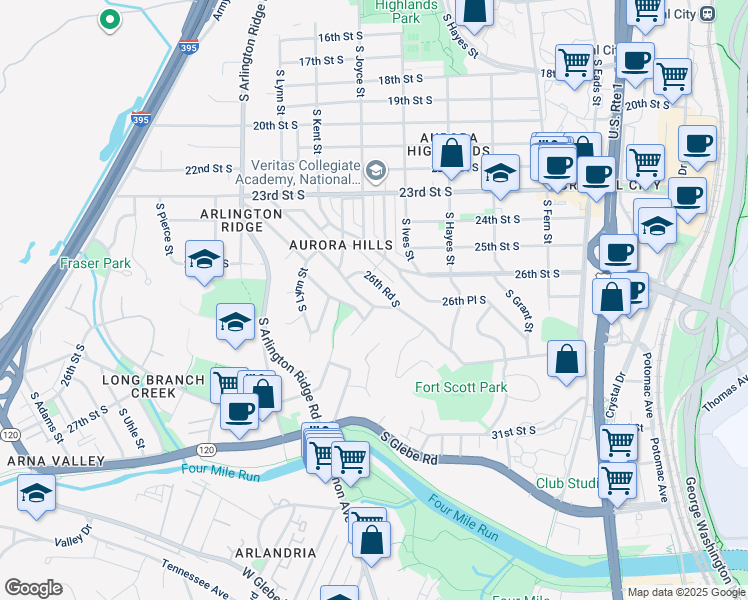 map of restaurants, bars, coffee shops, grocery stores, and more near 2645 South Fort Scott Drive in Arlington