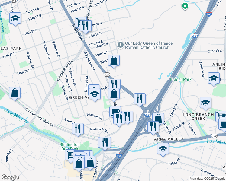 map of restaurants, bars, coffee shops, grocery stores, and more near 2229 Shirlington Road in Arlington
