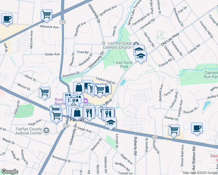 map of restaurants, bars, coffee shops, grocery stores, and more near 10335 Democracy Lane in Fairfax