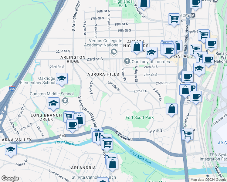 map of restaurants, bars, coffee shops, grocery stores, and more near 2645 South Fort Scott Drive in Arlington